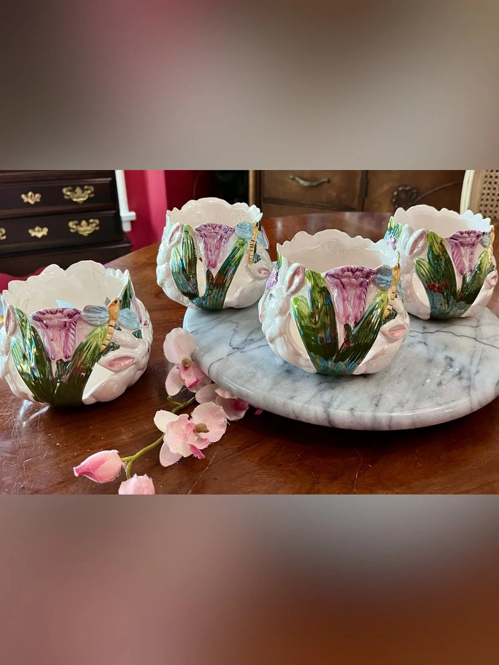 Vintage Easter Ceramic Bunny Candle Holder Set of 4, Flower Factory 4.5